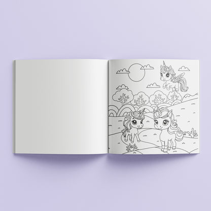 Kaleidoscope Unicorn Magic Coloring Book open showing blank and illustrated unicorn pages