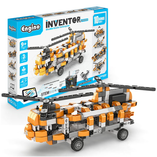 Engino Inventor motorized double-blade helicopter 10-in-1 building set in orange and white