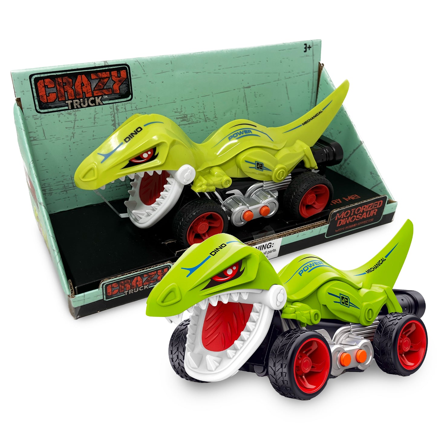 Crazy Truck Motorized Dinosaur - Roaring Green Dino Toy Vehicle for Kids 3+