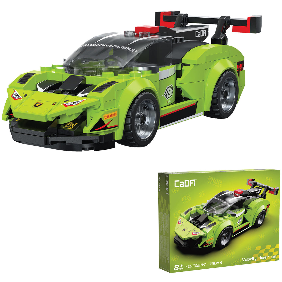 CaDA Velocity Hurricane race car building set with 165 pieces in neon green and black