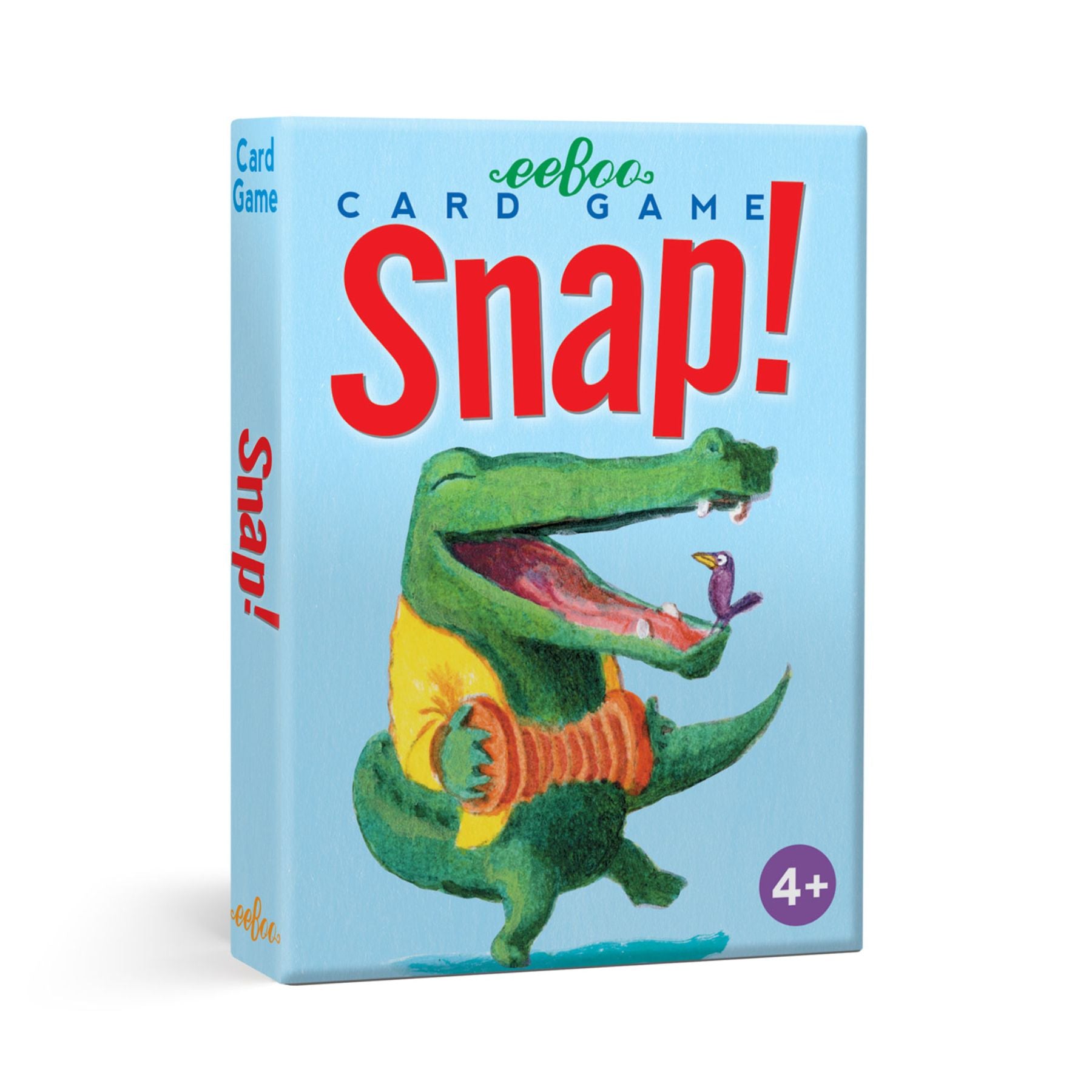 eeBoo Snap Card Game box featuring colorful green crocodile illustration, ages 4+