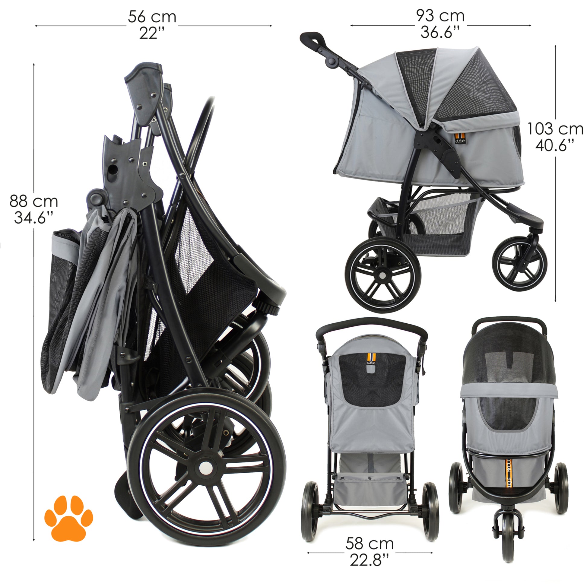 My Duque Cooper Pet 3-Wheeler Stroller in grey, shown folded and from multiple angles