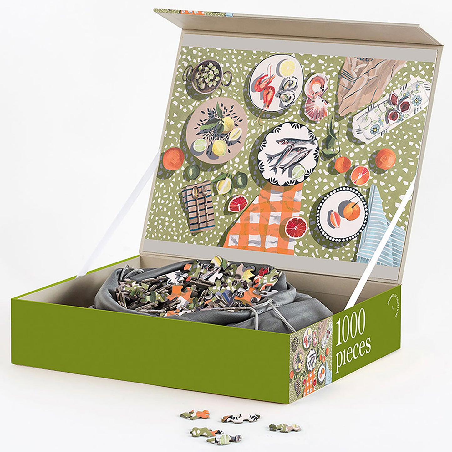 JOS 1000 Piece Puzzle - Table By The Sea with green box, picnic scene illustration, and puzzle pieces