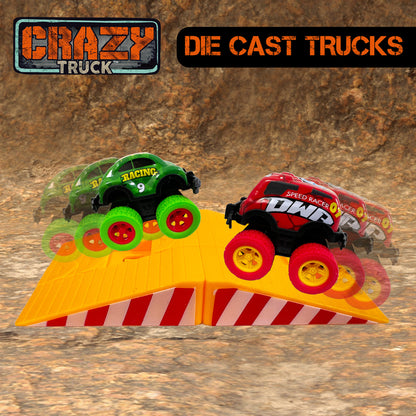 Crazy Truck Die Cast Trucks Set - 10pc Friction Cars & Stunt Ramps for Kids 3+
