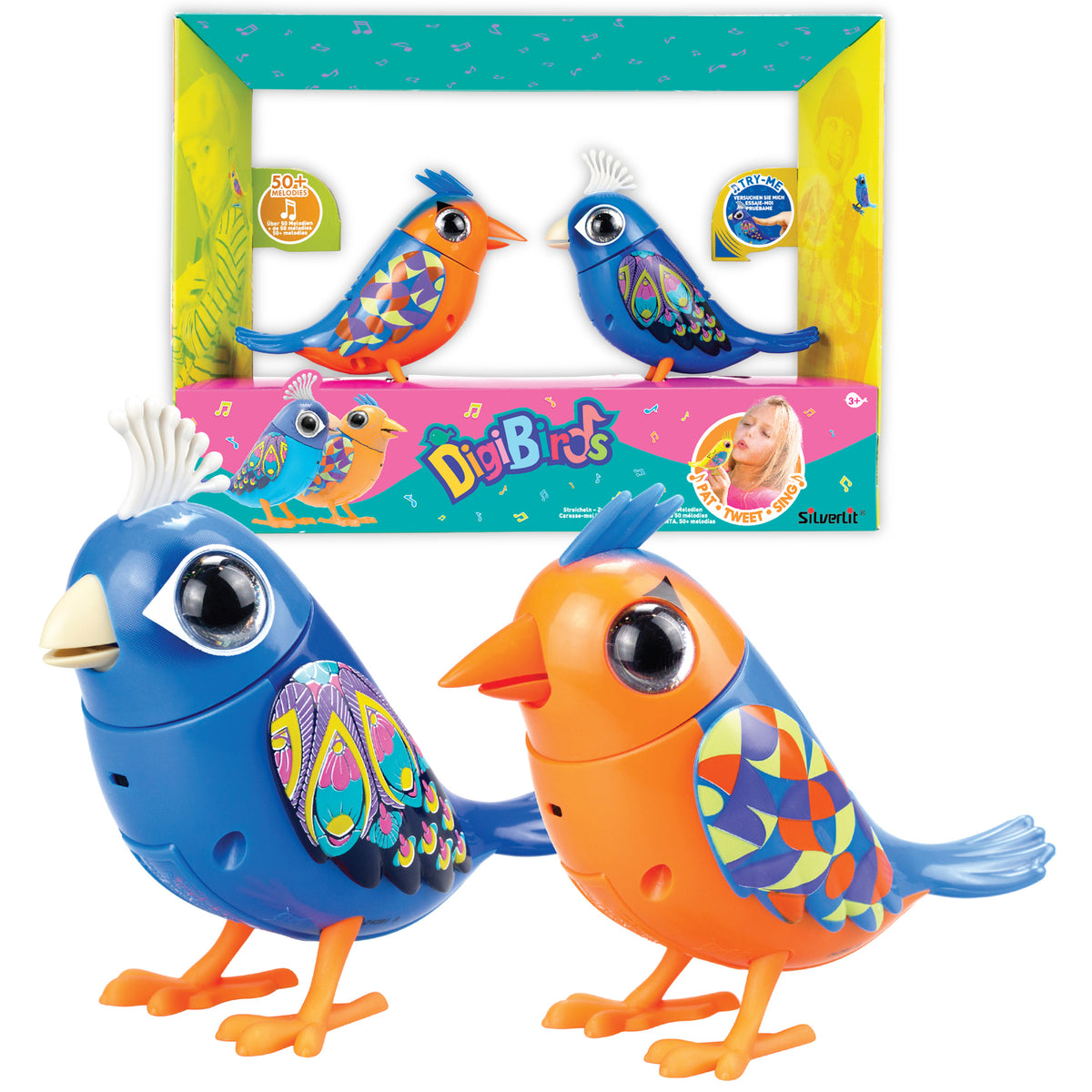 DigiBirds Interactive Singing Bird 2-pack with blue and orange birds featuring colorful feather patterns and large eyes