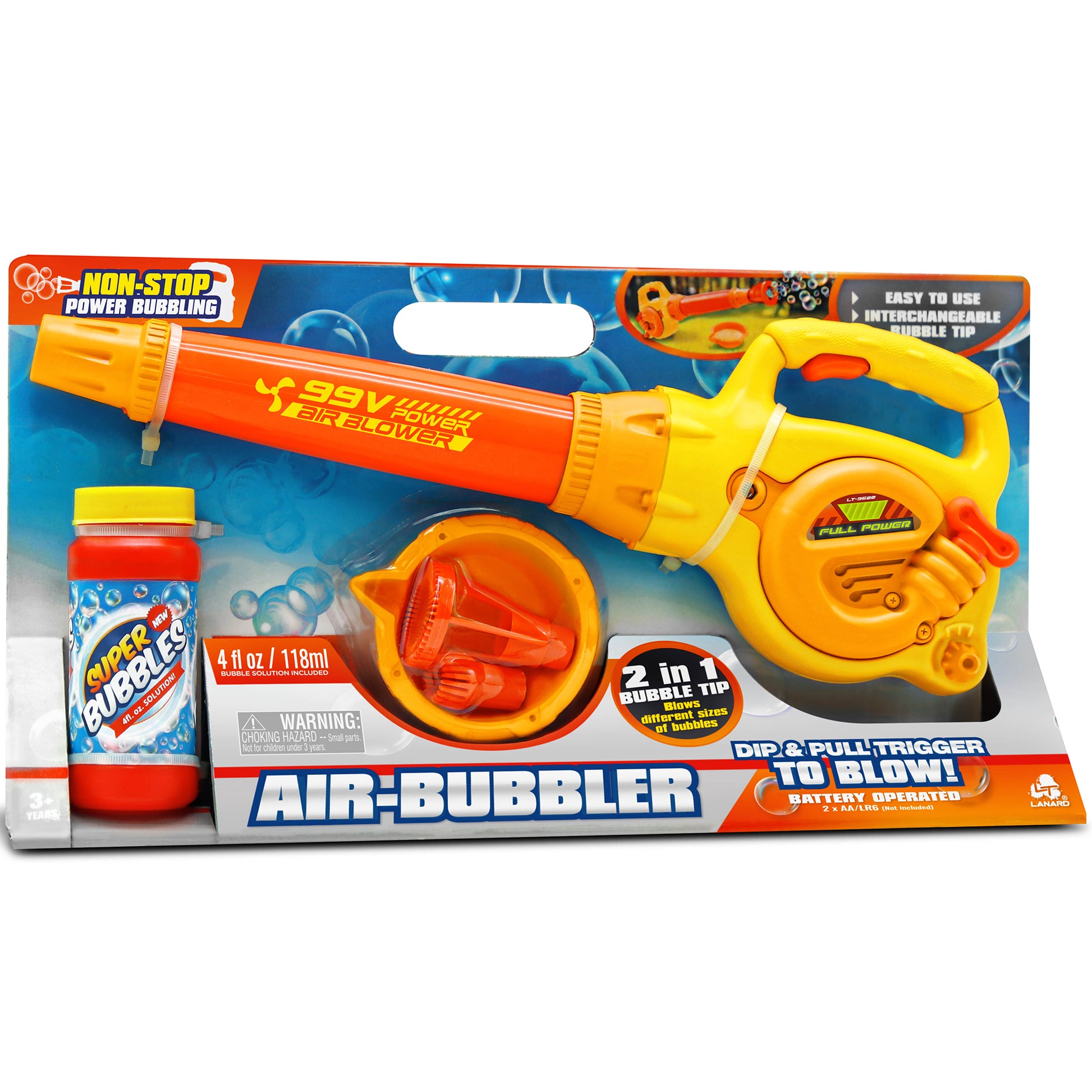 Air Bubbler bubble gun toy in yellow and orange with bubble solution included