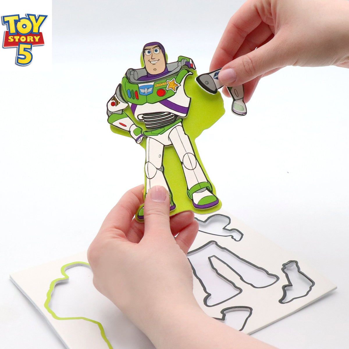 Toy Story 5 Creativity Set with Buzz Lightyear figure and foam pop-out pieces in green, purple, and white