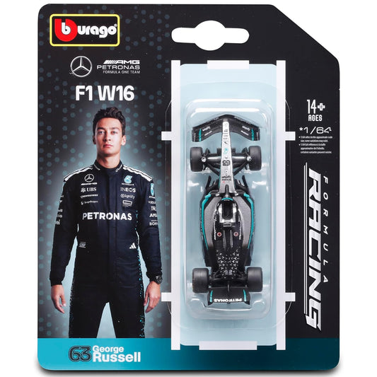 Bburago 1:64 Mercedes W16 diecast car with George Russell blister card packaging