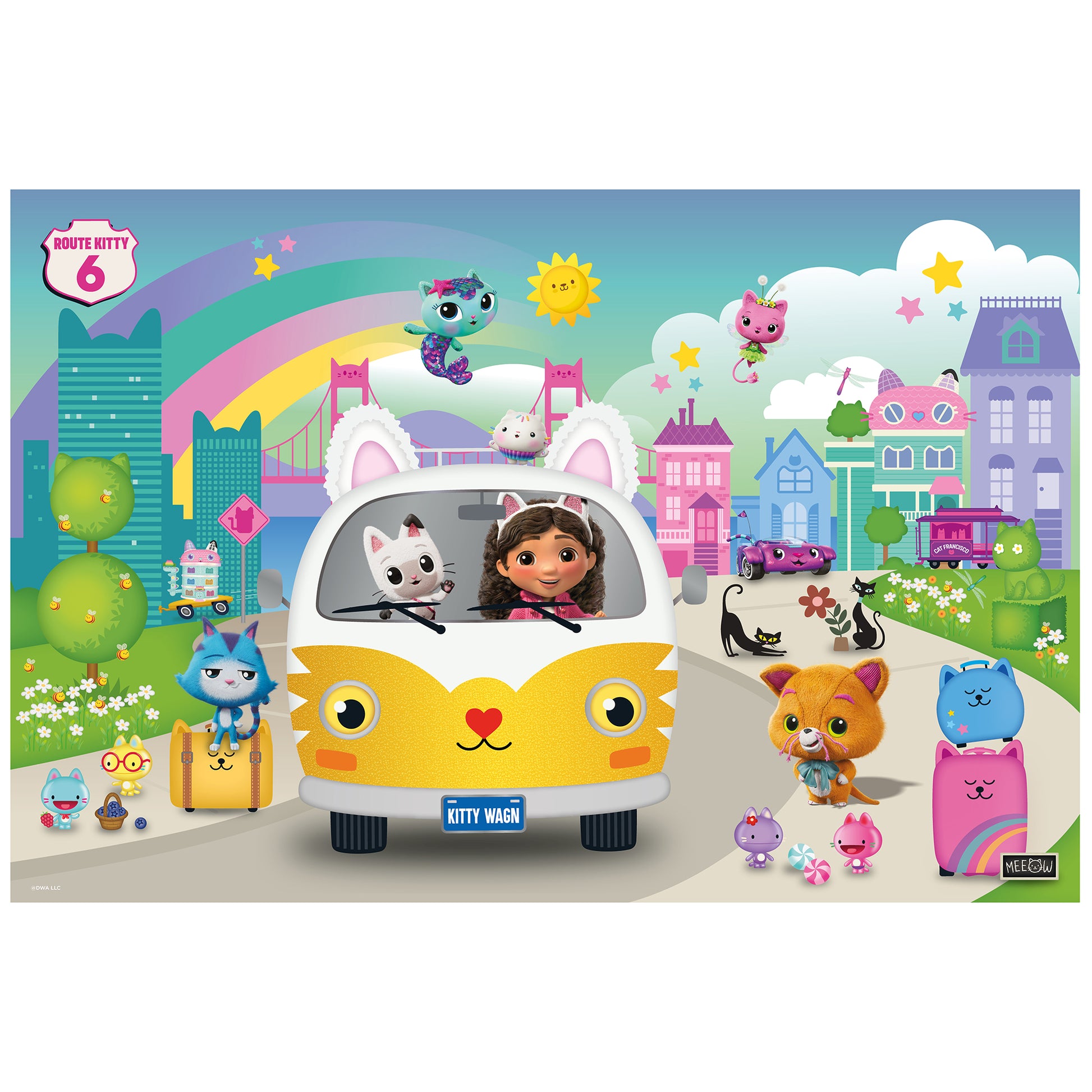 Gabby's Dollhouse 194pc Puzzle featuring colorful cat-themed Kitty Wagon with characters and rainbow backdrop