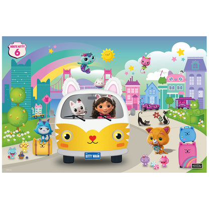 Gabby's Dollhouse 194pc Puzzle featuring colorful cat-themed Kitty Wagon with characters and rainbow backdrop