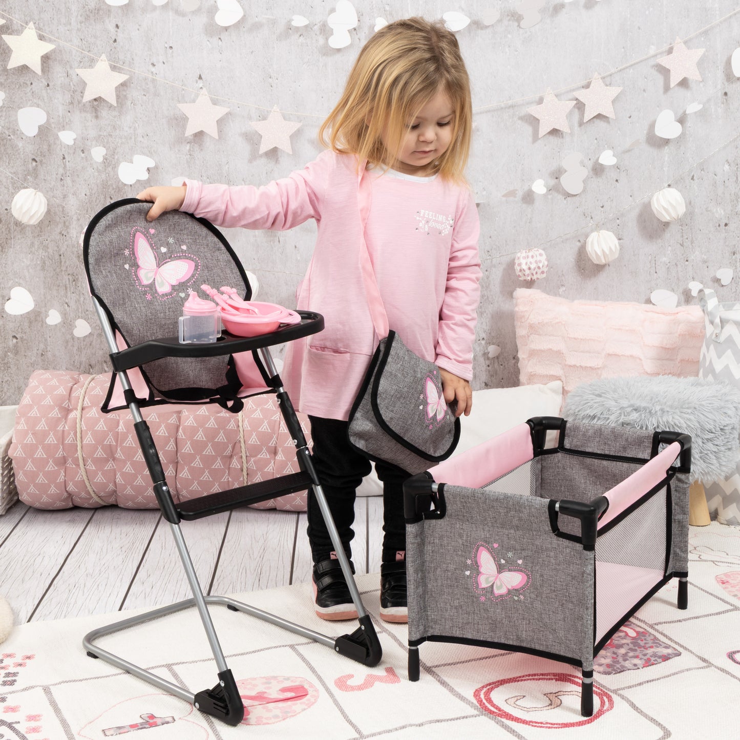 Bayer Design 9-in-1 Doll Travel Bed Set in grey and pink with butterfly design