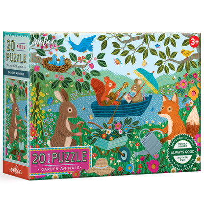 20-piece jigsaw puzzle box featuring colorful illustrated garden animals including rabbits, fox, birds, and squirrel in a whimsical outdoor scene with flowers,