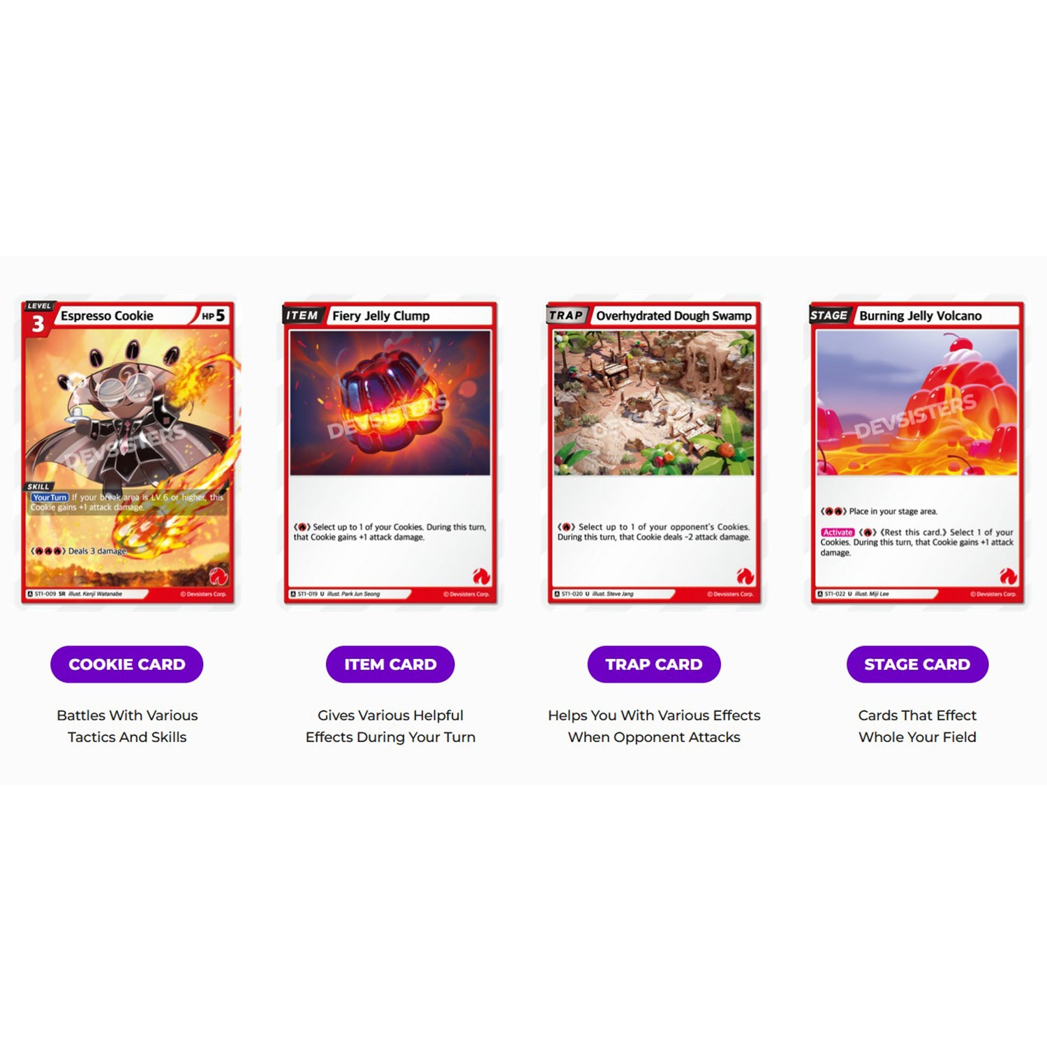 CookieRun Braverse Trading Card Game booster display showing Cookie, Item, Trap, and Stage cards with colorful game a...