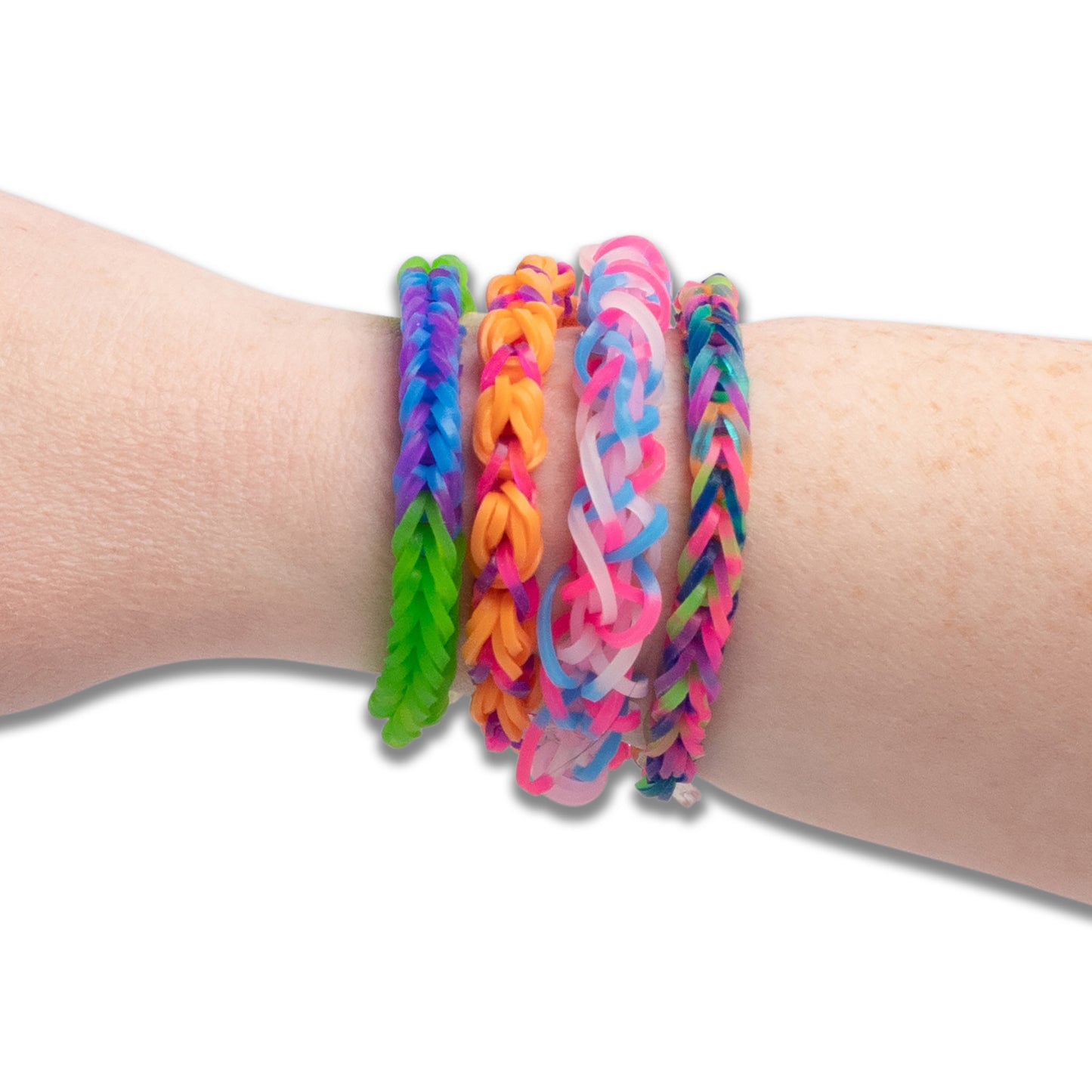 Rainbow Loom Confetti Crush bracelet kit with colorful rubber band bracelets in rainbow colors on wrist