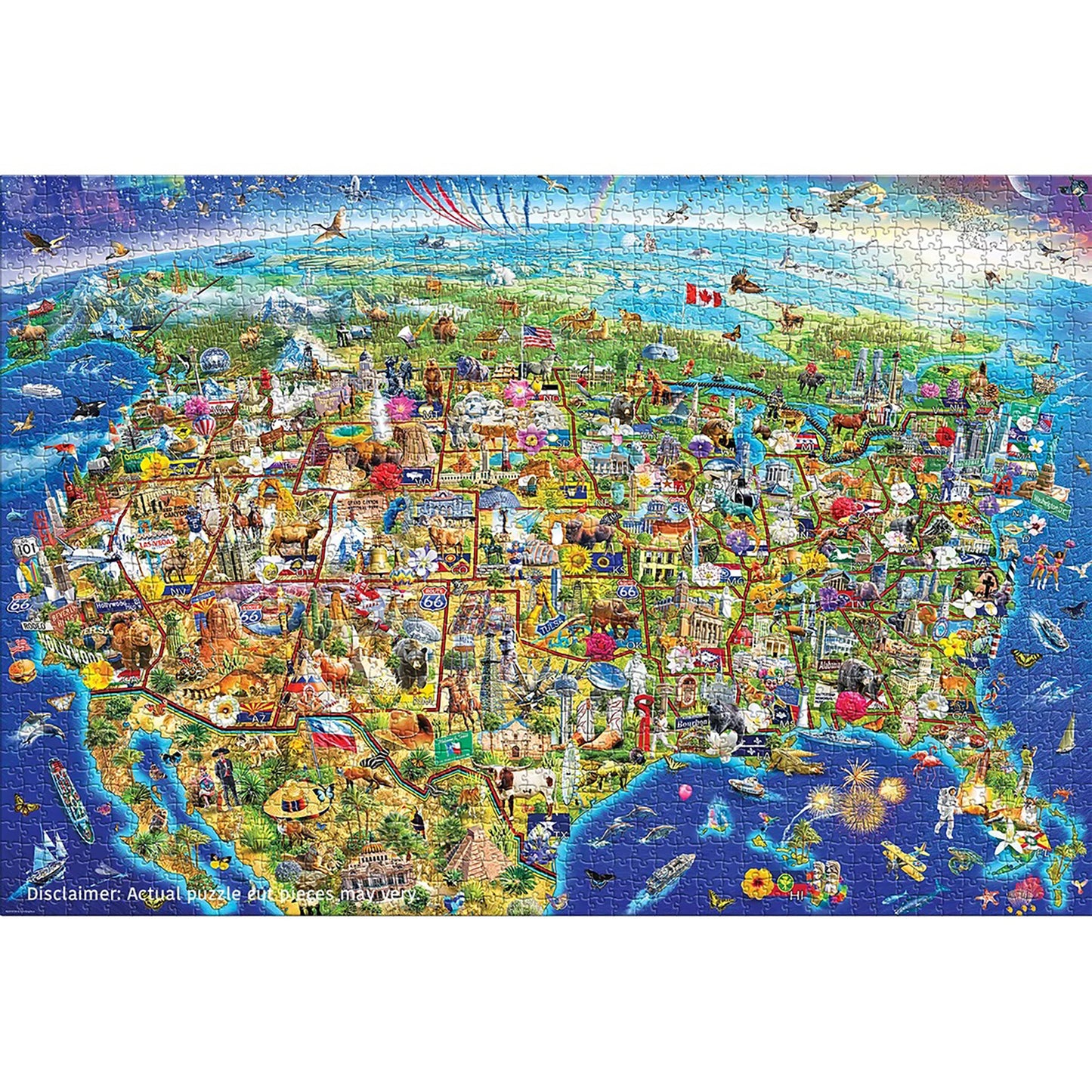 Eurographics US Wonders 2000 piece jigsaw puzzle featuring colorful illustrated USA map with landmarks