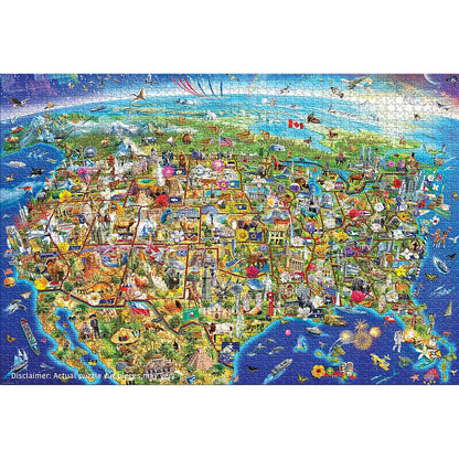 Eurographics US Wonders 2000 piece jigsaw puzzle featuring colorful illustrated USA map with landmarks