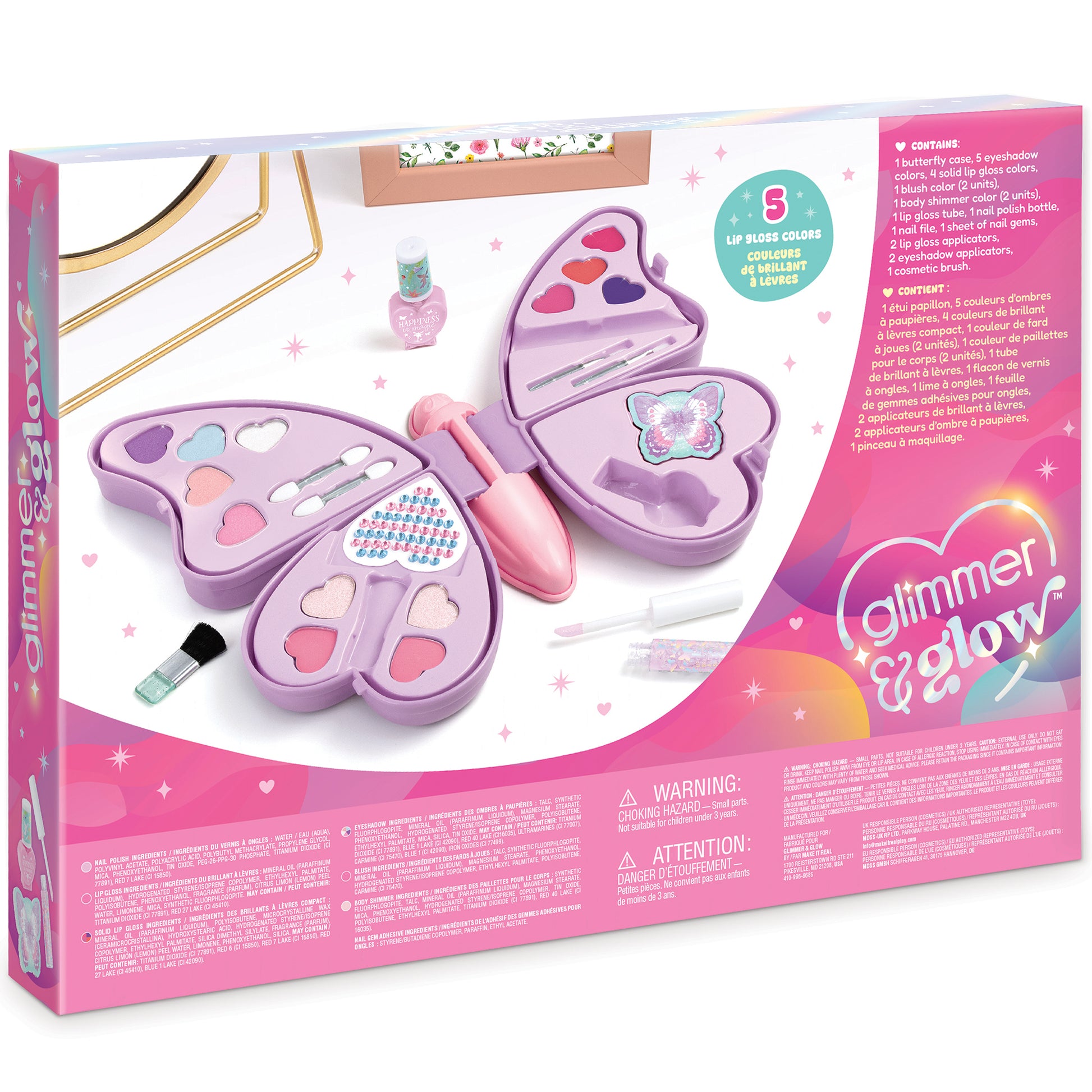 Glimmer & Glow Butterfly Cosmetic Set with purple wings, lip gloss, eyeshadow, and nail polish