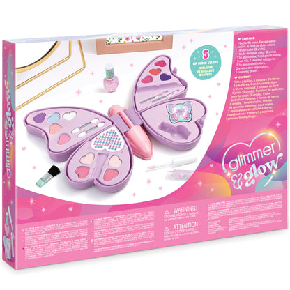 Glimmer & Glow Butterfly Cosmetic Set with purple wings, lip gloss, eyeshadow, and nail polish