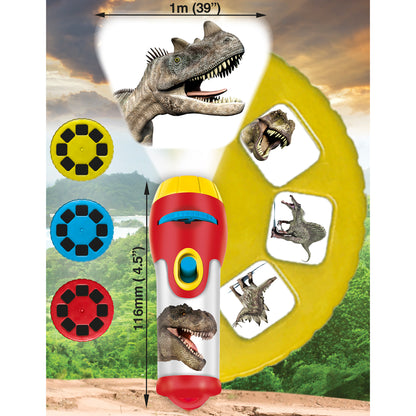 Dinosaur Torch Projector with red, yellow, blue discs and 24 dinosaur images