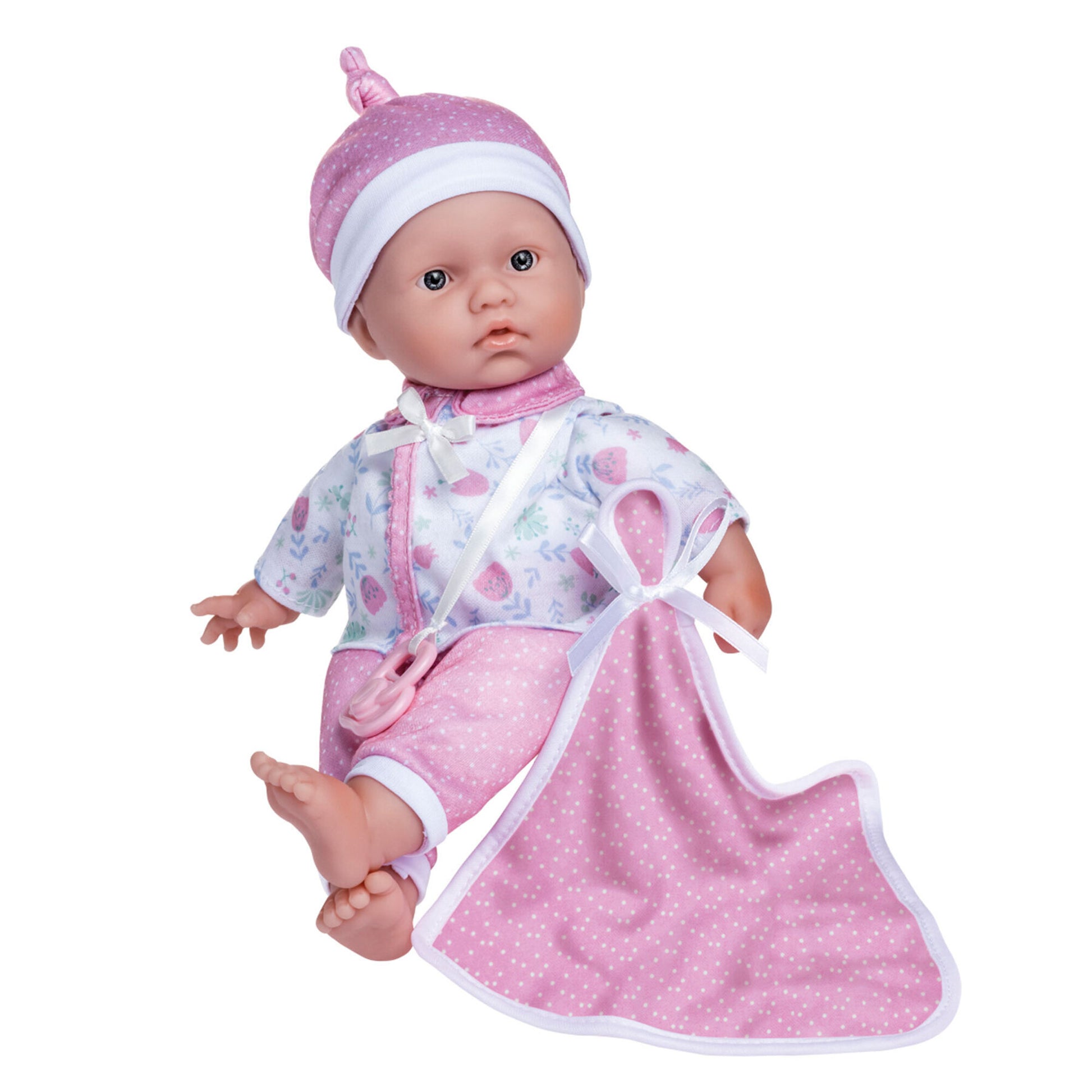 JC Toys La Baby 11 inch soft body doll wearing pink and white outfit with matching hat and blanket