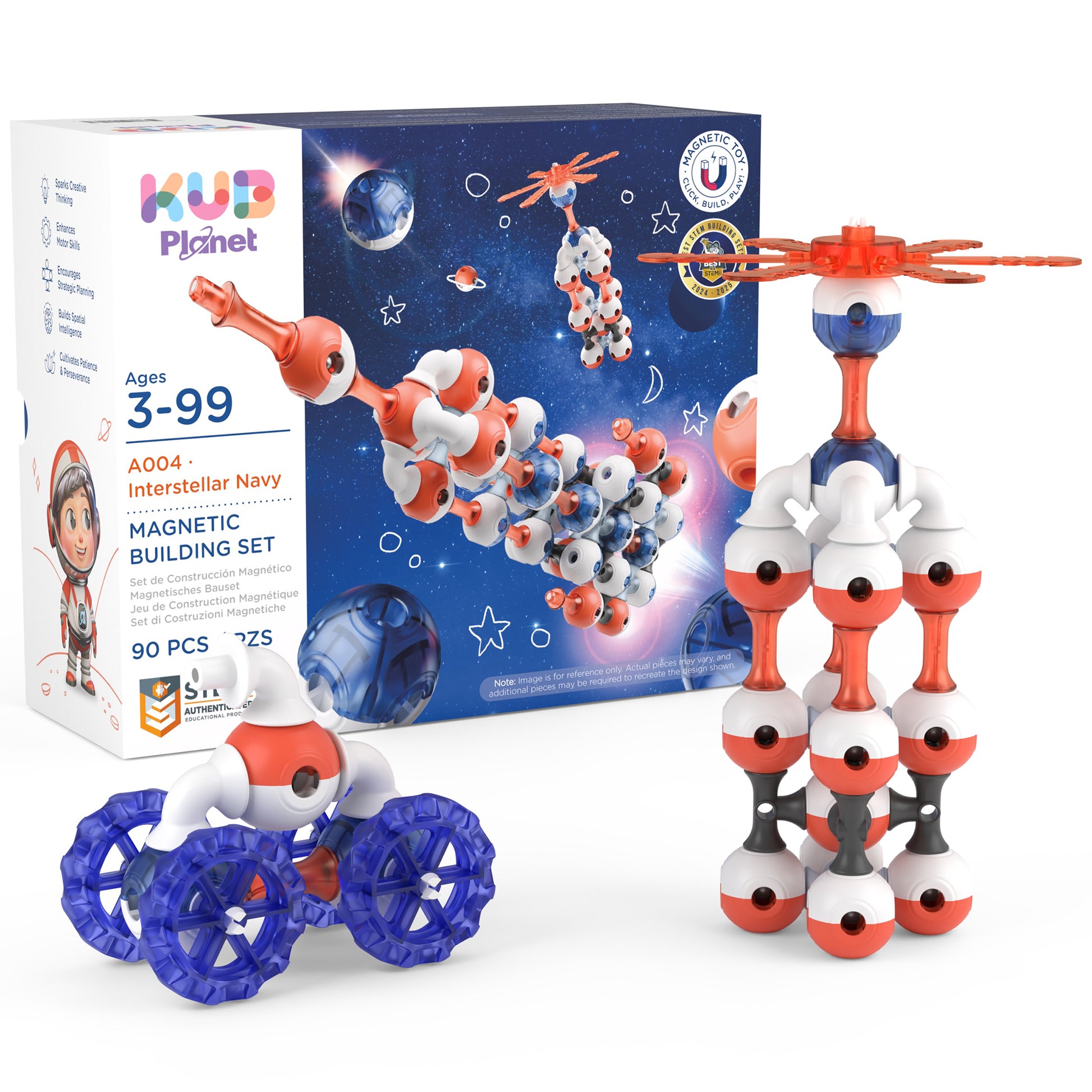 KUB Planet Interstellar Navy magnetic building set with red, white, and blue pieces forming space structures