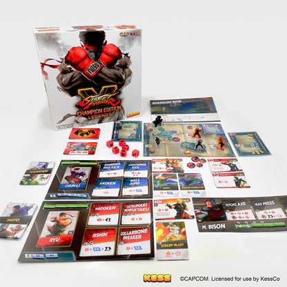 Street Fighter V Champion Edition Legends board game with character cards, dice, and game board displayed