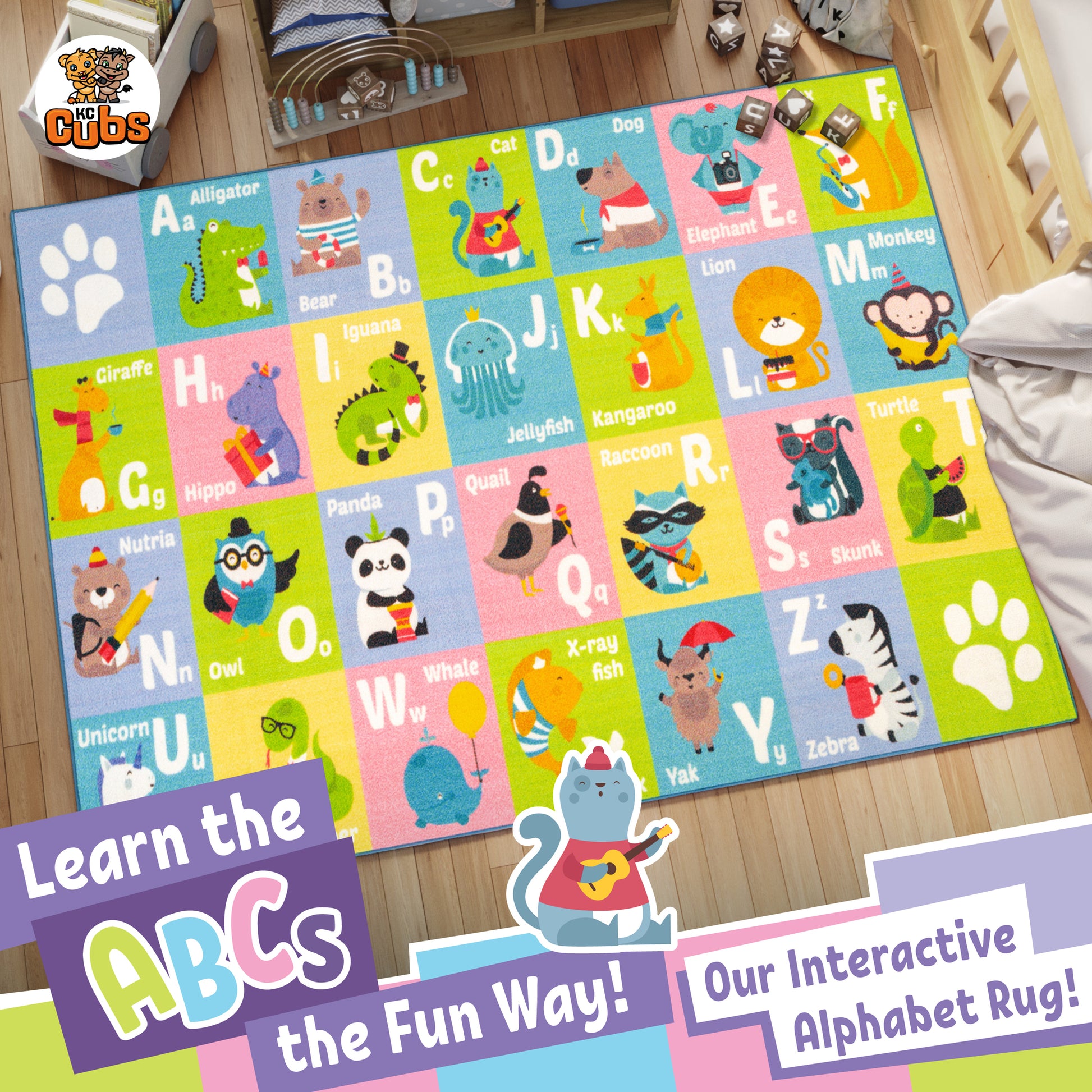 KC Cubs: Educational Rug: ABC Alphabet Animal - 3x5' Playmat - Interactive Letter Learning, Activity Area Carpet, Bedroom-Classroom, Baby-Toddler-Kid