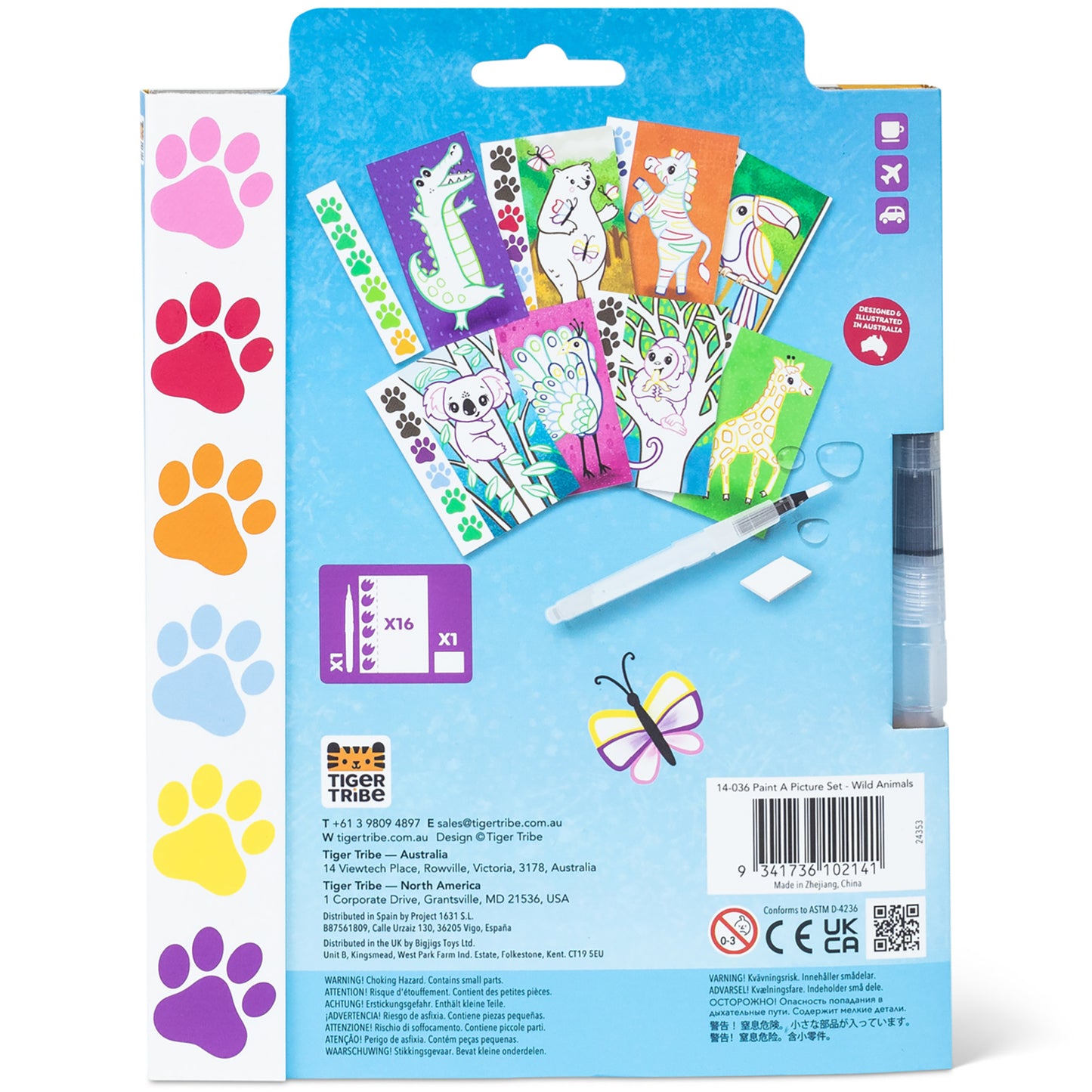 Tiger Tribe Wild Animals paint set with 16 coloring cards, watercolor brush, and colorful paw print designs