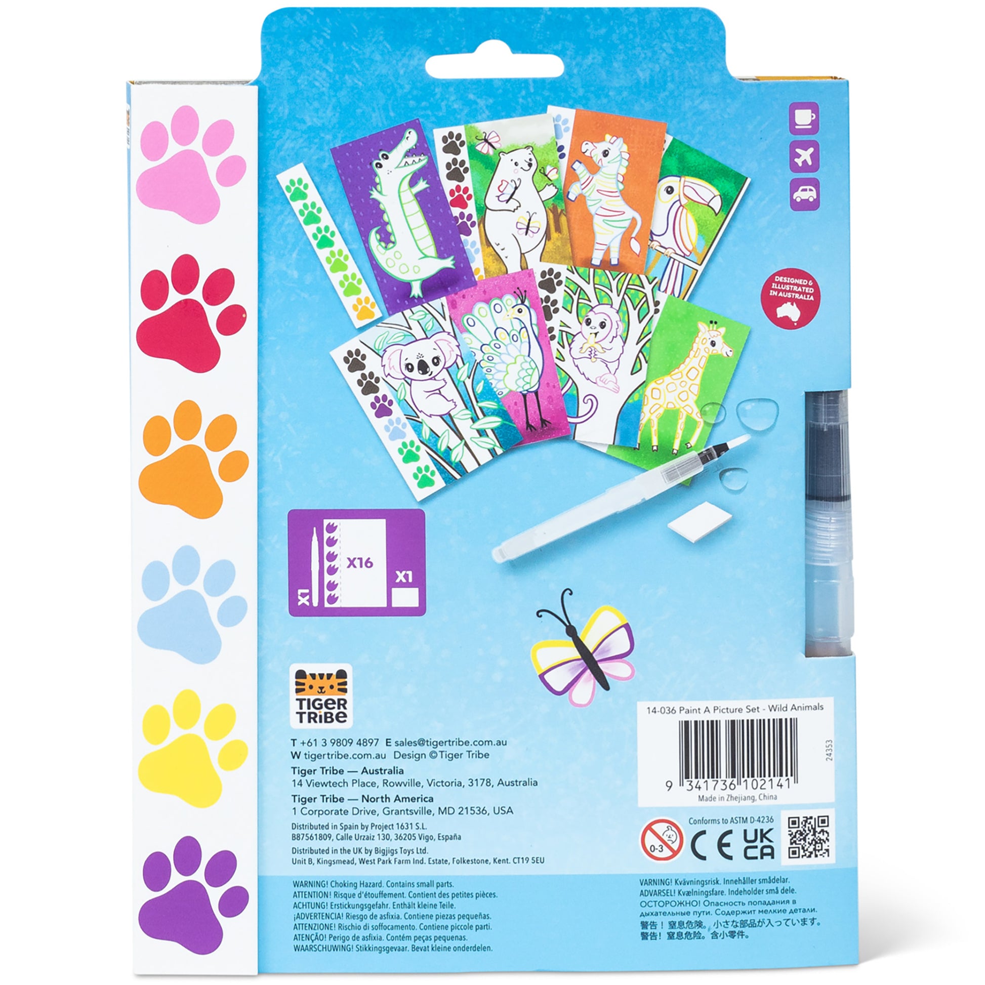 Tiger Tribe Wild Animals paint set with 16 coloring cards, watercolor brush, and colorful paw print designs
