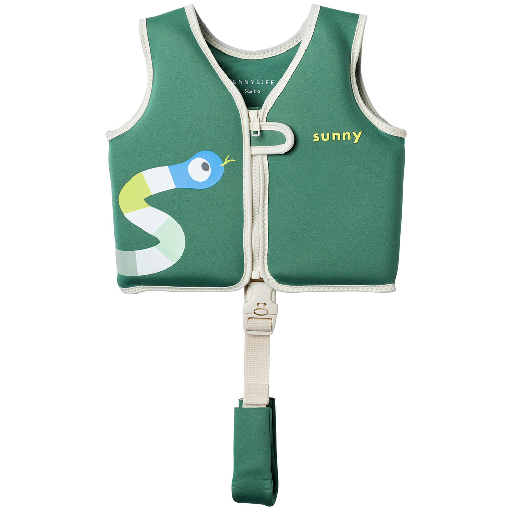 Green Float Vest Size 1-2 with colorful snake design and white trim