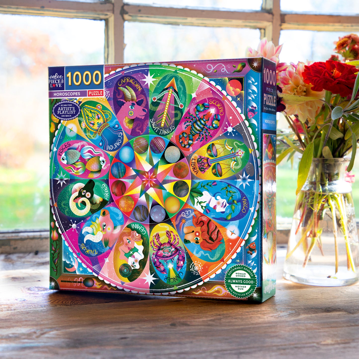 Piece&Love Horoscopes 1000 piece puzzle with colorful zodiac wheel design