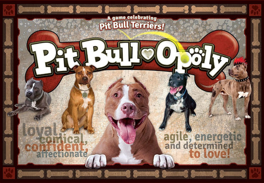 Pit Bull-opoly board game box featuring five pit bull terriers and text describing them as loyal, comical, confident, affectionate, agile, energetic and determi