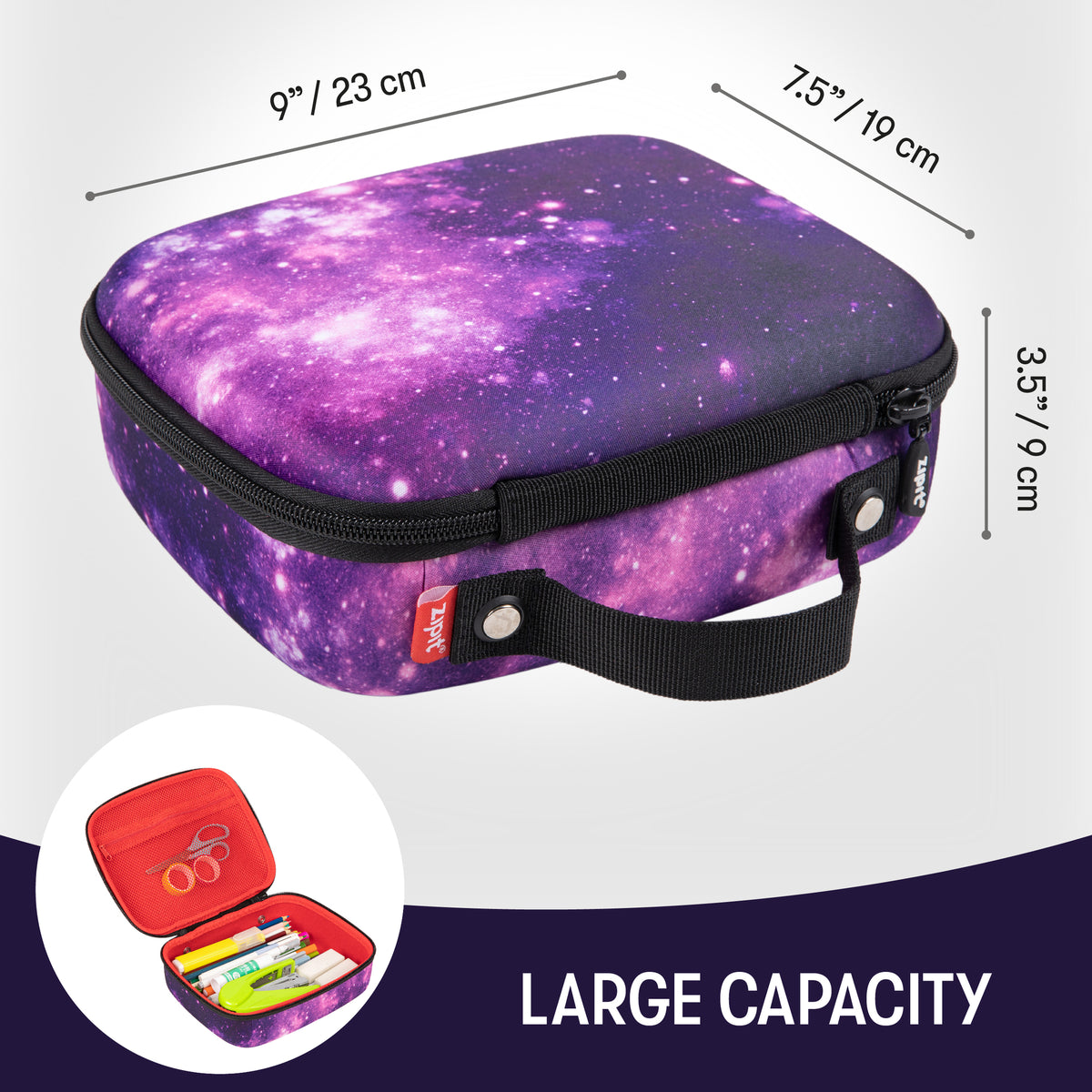 ZIPIT Jumbo Pencil Case in purple galaxy design with handle and zipper, shown open displaying storage capacity