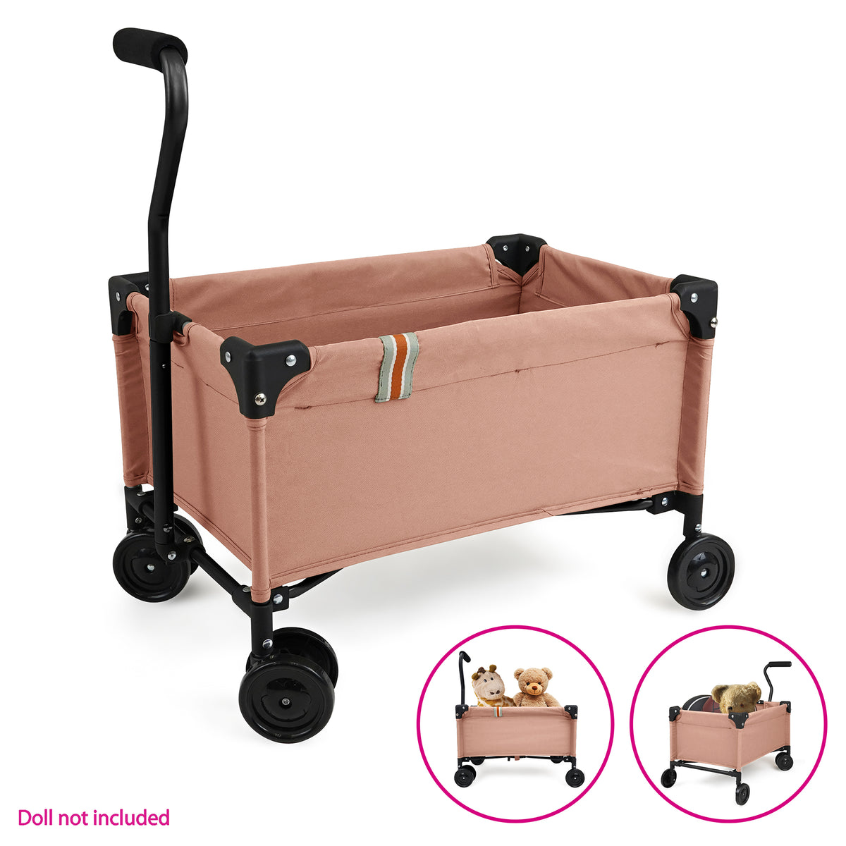 509 Crew Little Wagon in pink with black handle and wheels, shown folded with stuffed animals inside
