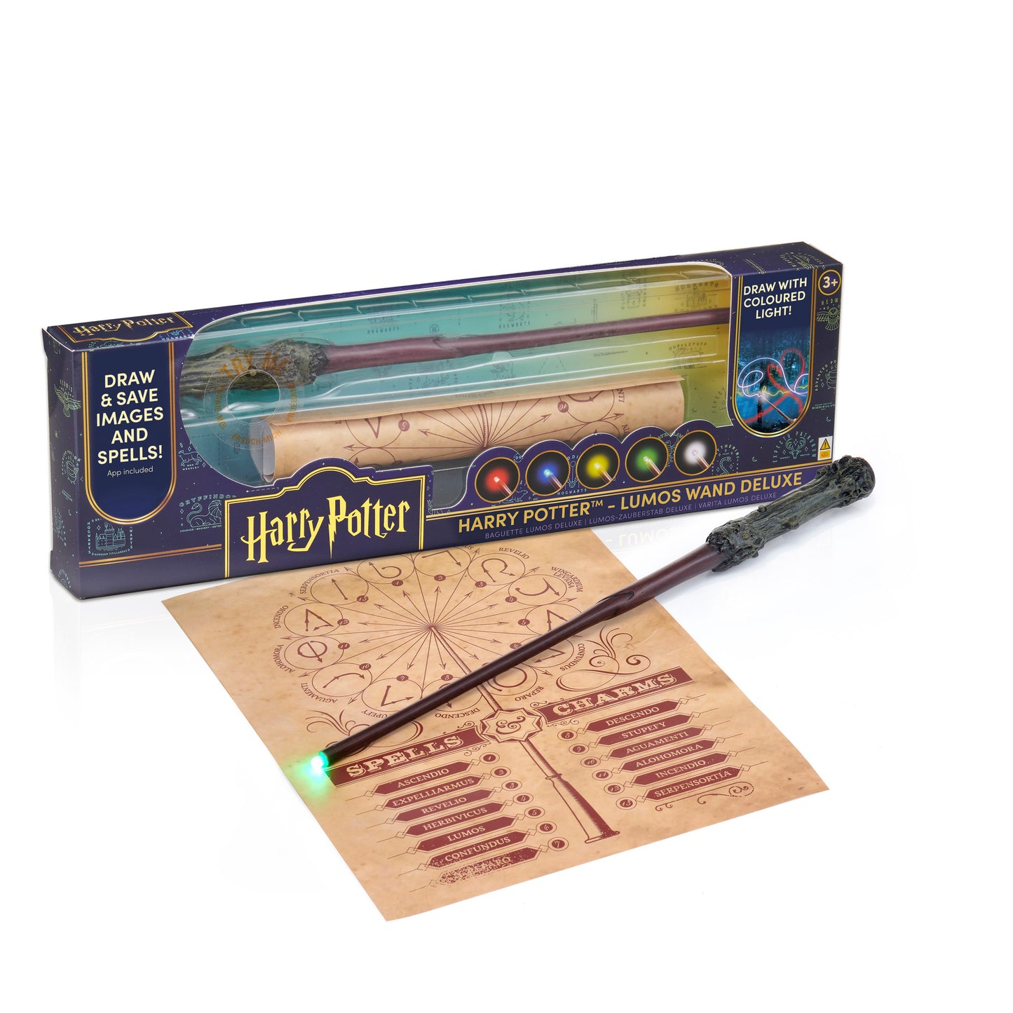 Harry Potter Lumos Wand Deluxe with light-up tip, drawing pad, and colored stylus