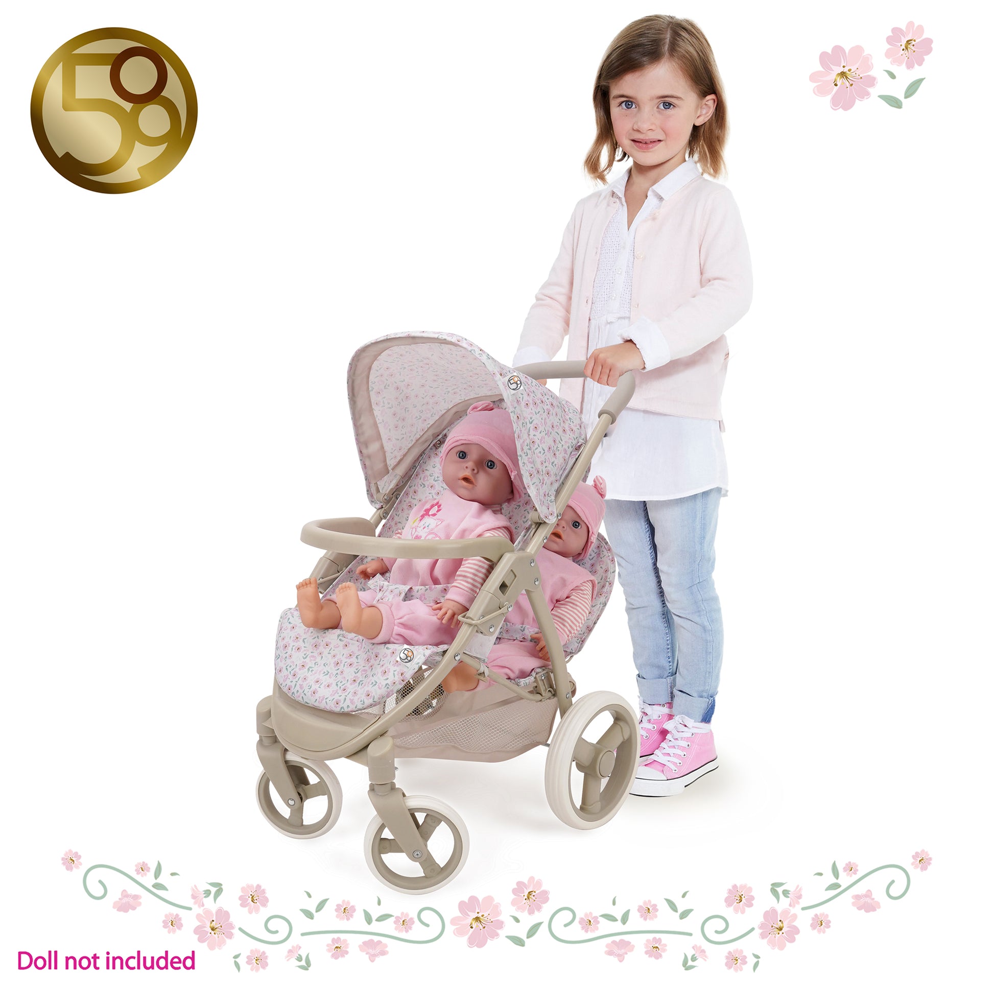 509 Crew Little Flora Mabelle Duo Twin Doll Stroller in pink and cream for kids