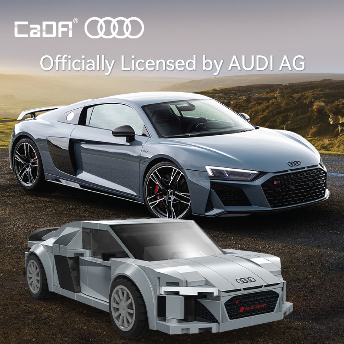 CaDA Audi R8 Coupe building set with gray sports car model and instruction diagram