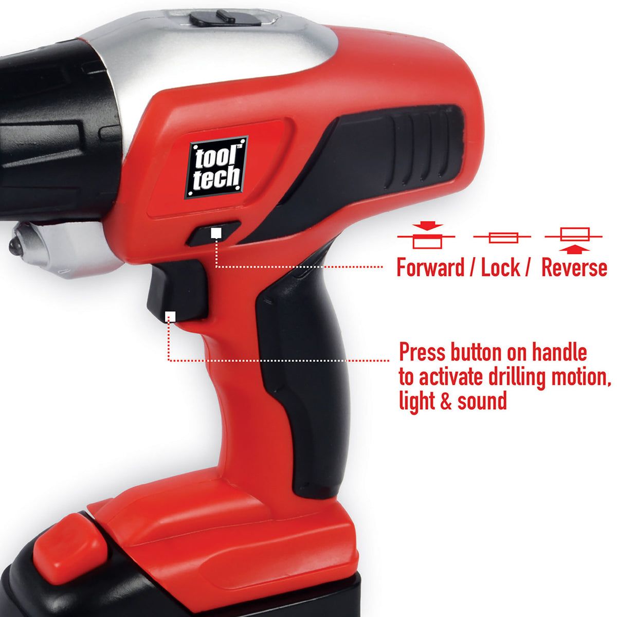 Tool Tech Power Drill & Worklight Set red and black toy drill with white handle and control buttons