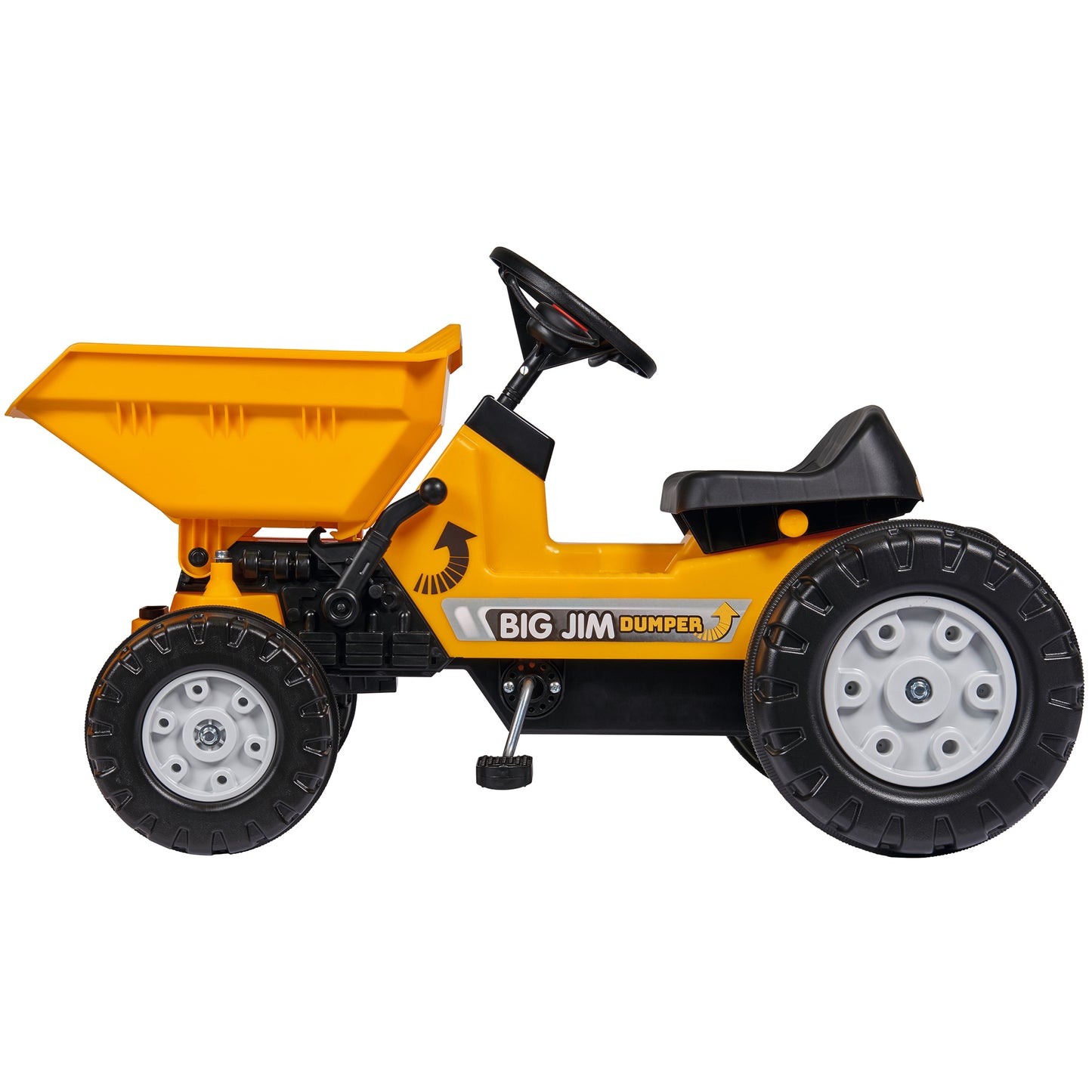 BIG Jim Dumper yellow ride-on tractor with black dump bed and large wheels