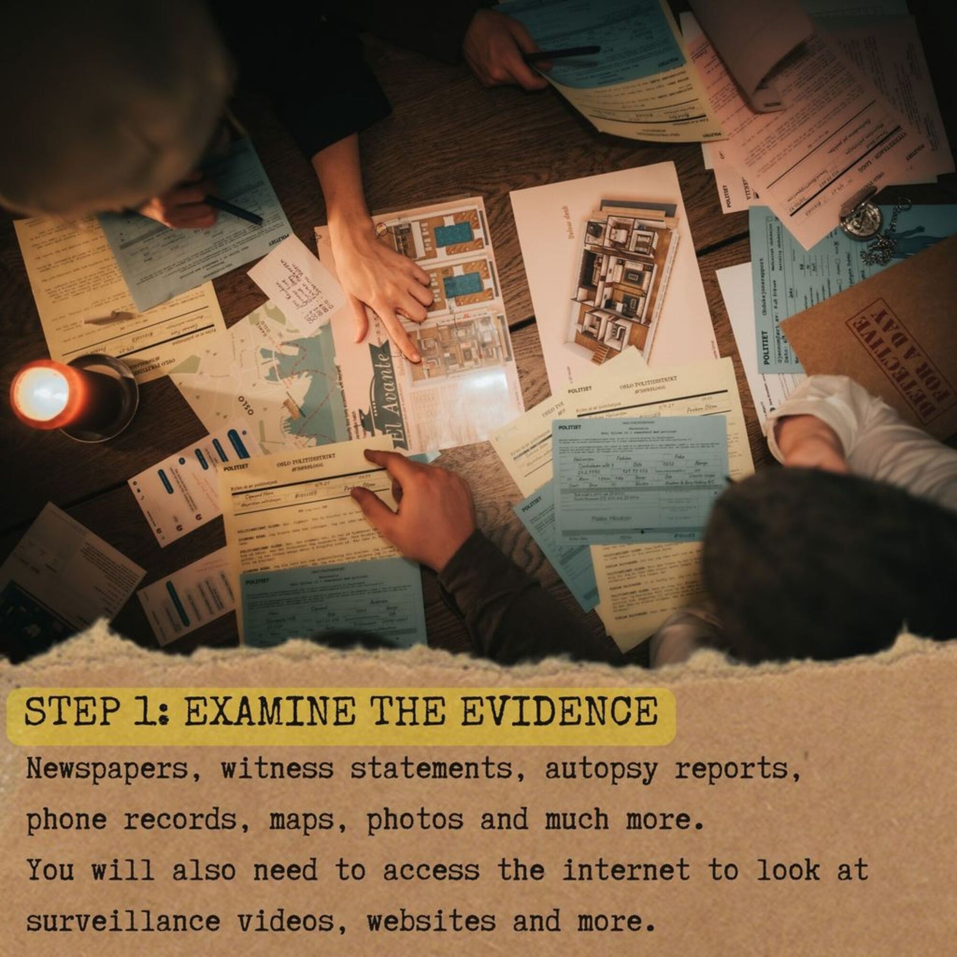 Detective For A Day Murder Mystery Game with evidence documents and floor plan layout