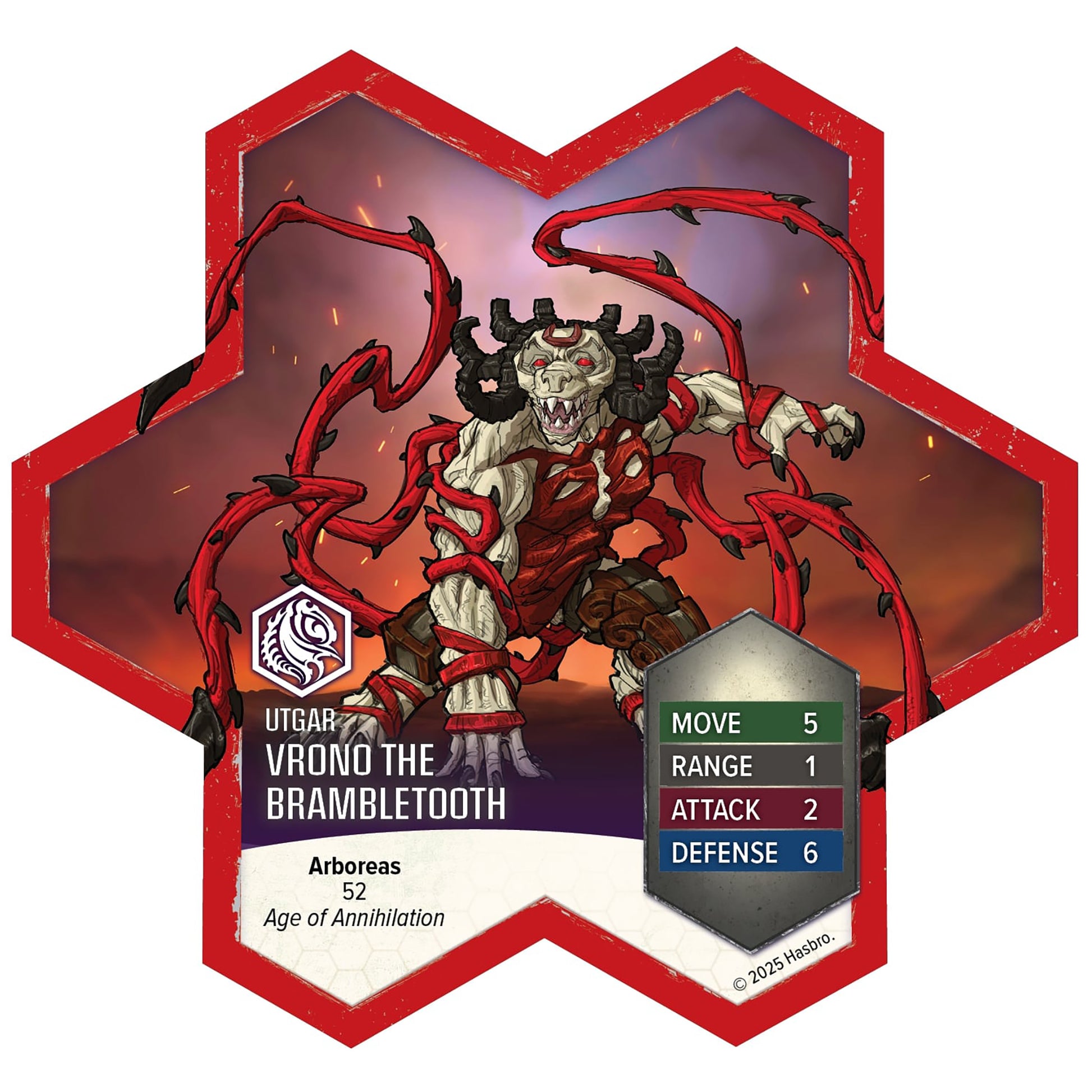 Heroscape Vrono the Brambletooth red demon warrior miniature with stats card showing Move 5, Range 1, Attack 2, Defen...