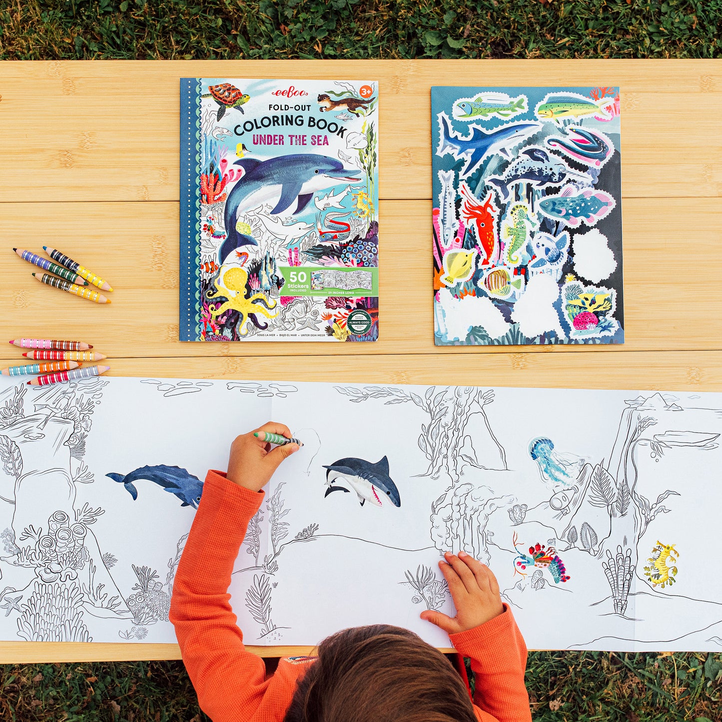 eeBoo Under The Sea Giant Fold-Out Coloring Book with 50 Stickers