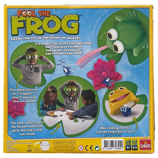 Fool the Frog board game box showing green frog characters, pink flowers, children playing, and game mechanics with goggle-eyed Froggles