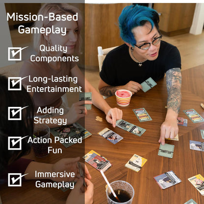 KESS Spy x Family Mission for Peanuts deduction card game being played by person with blue hair at wooden table