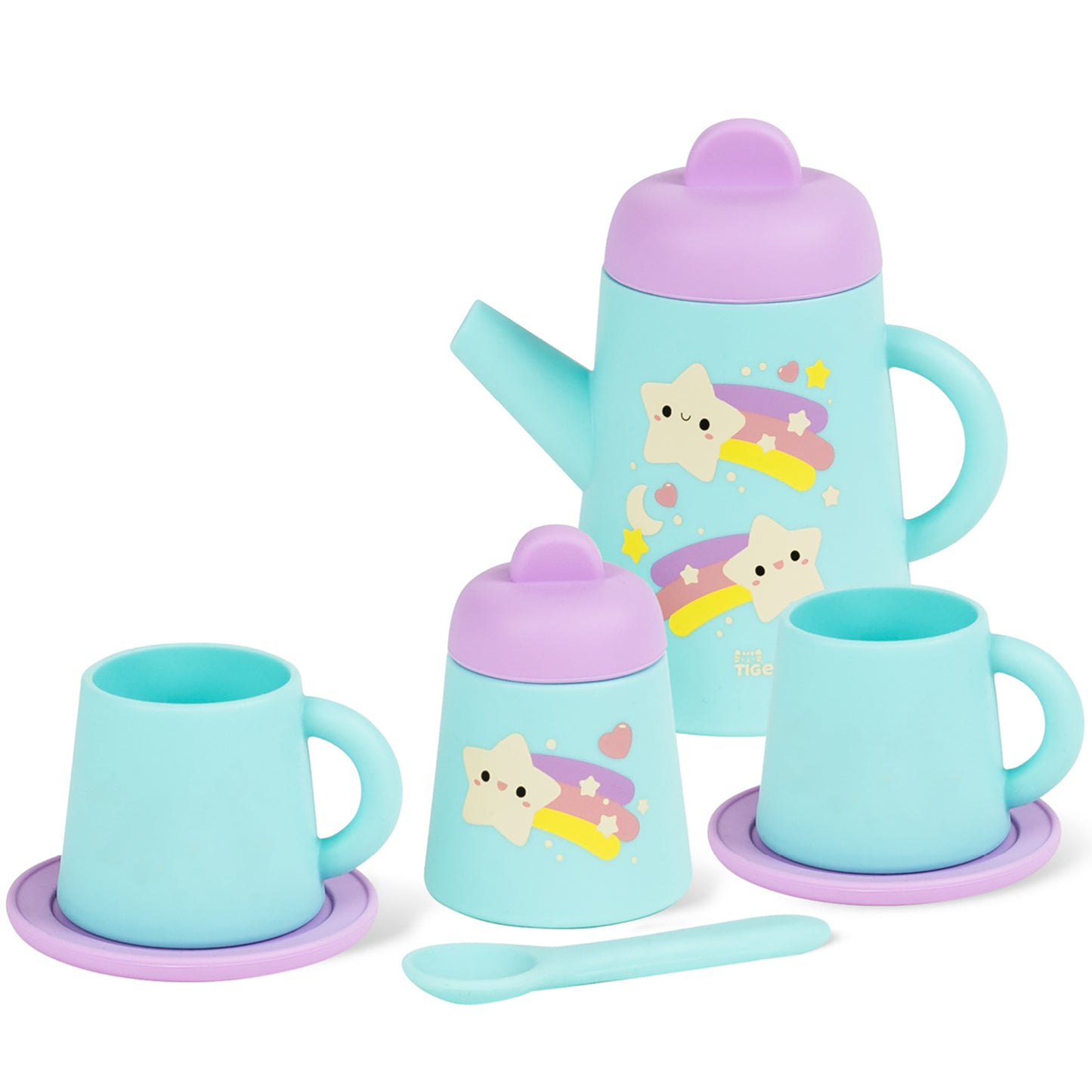 Tiger Tribe silicone tea set with turquoise teapot, cups, saucers and spoon featuring cute star designs