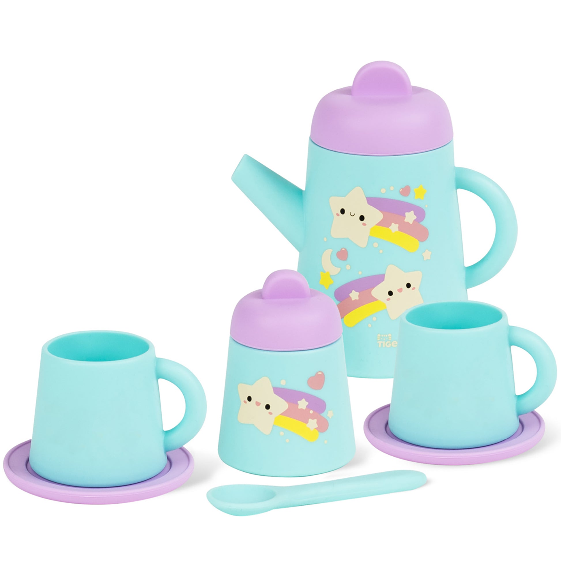Tiger Tribe silicone tea set with turquoise teapot, cups, saucers and spoon featuring cute star designs