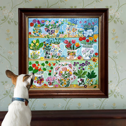 eeBoo Floral Cupboard 1000-piece jigsaw puzzle featuring colorful flowers and teacups