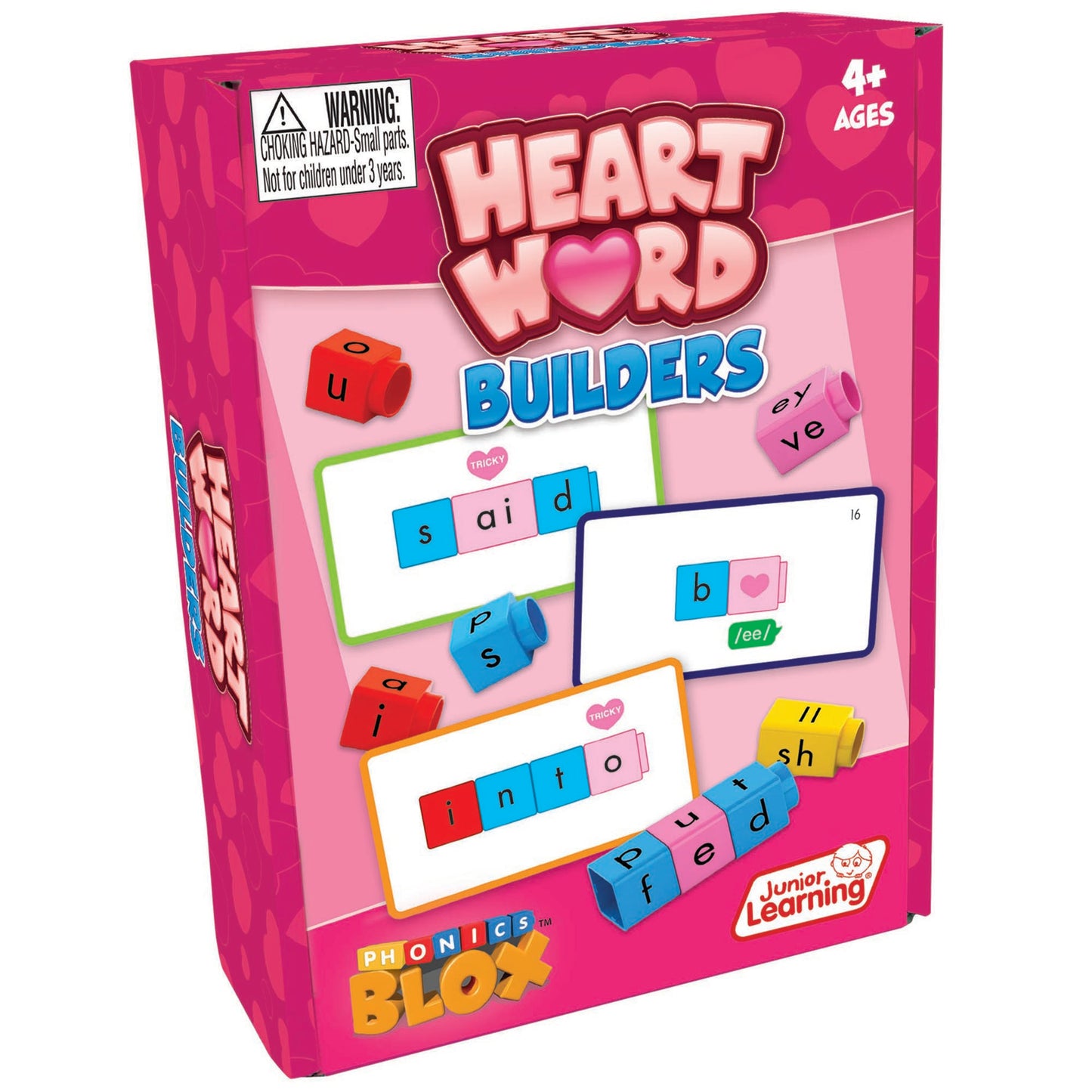 Junior Learning Phonics Blox Heart Word Builders - Pink Color-Coded Letter Blocks for Kids Age 4+