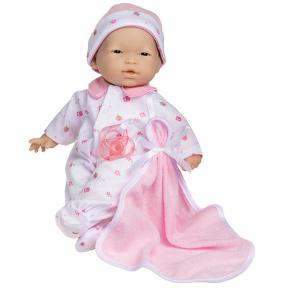JC Toys La Baby Asian doll in pink floral outfit with blanket and pacifier
