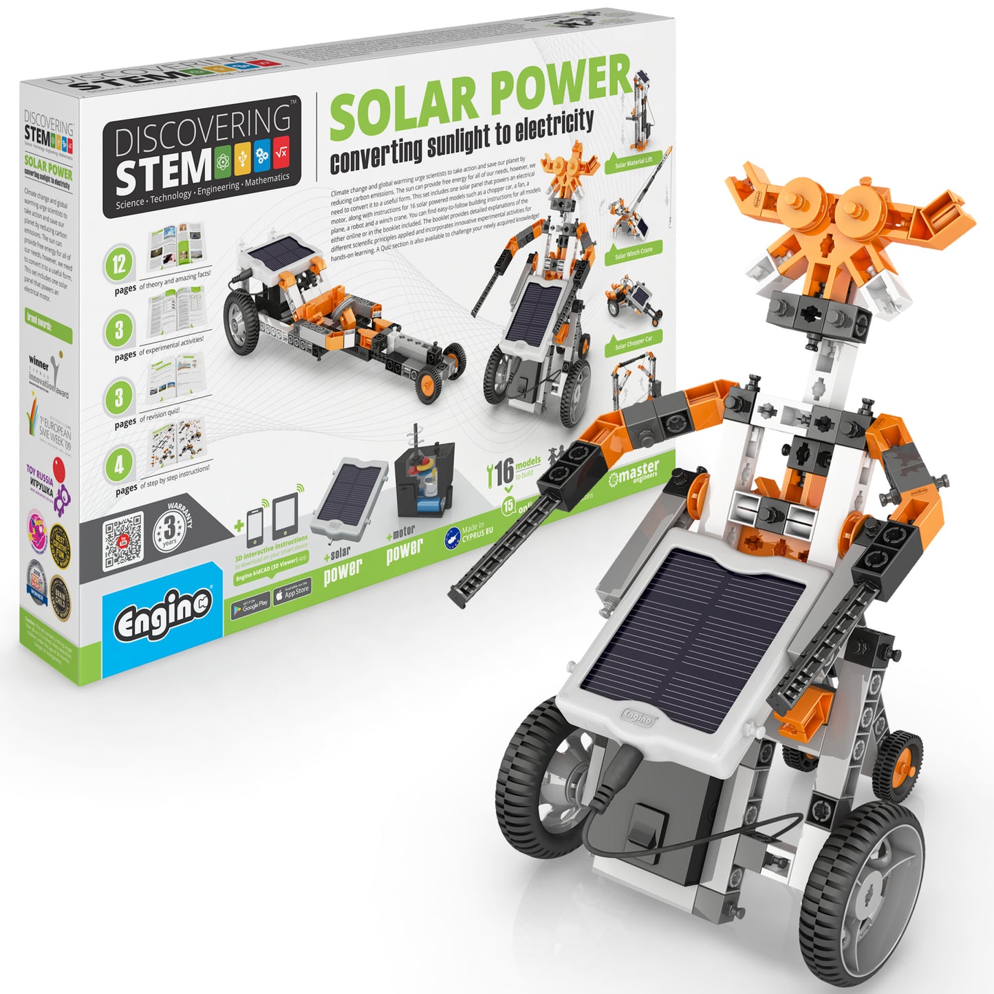 Engino Discovering STEM Solar Power building set with orange and gray motorized robot models and solar panel